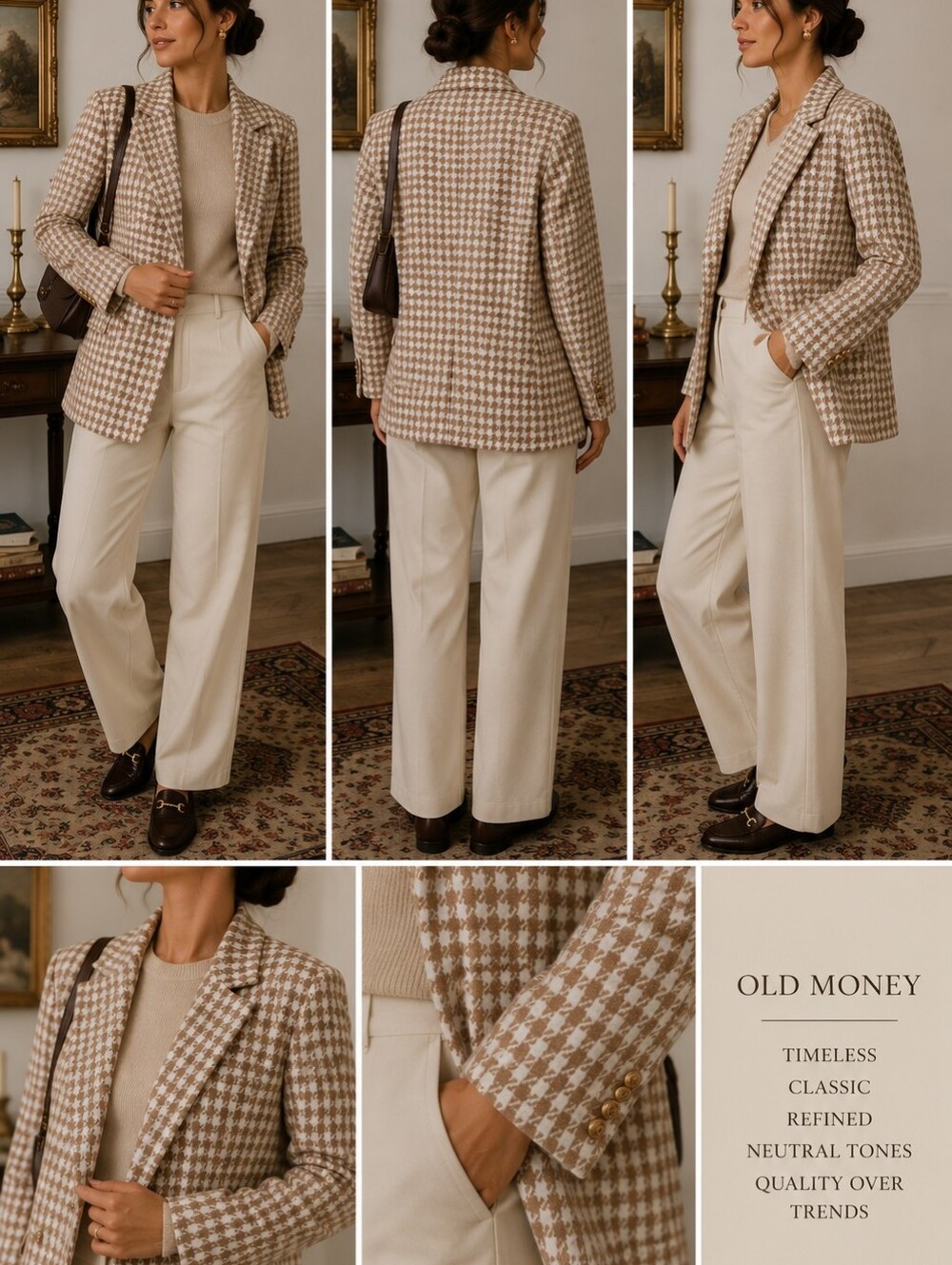 Classic Houndstooth Large Old Money Quiet Luxury Tan & White Tweed Blazer Jacket